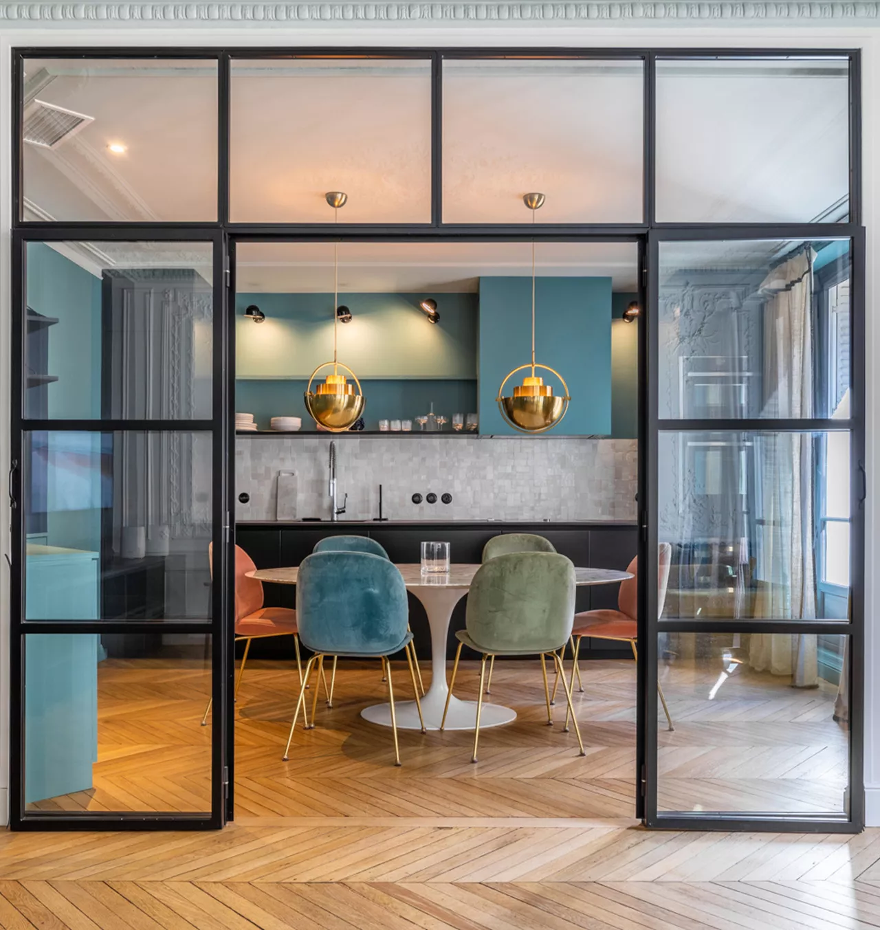 View of the Eiffel Tower from a luxury apartment with terrace in Paris